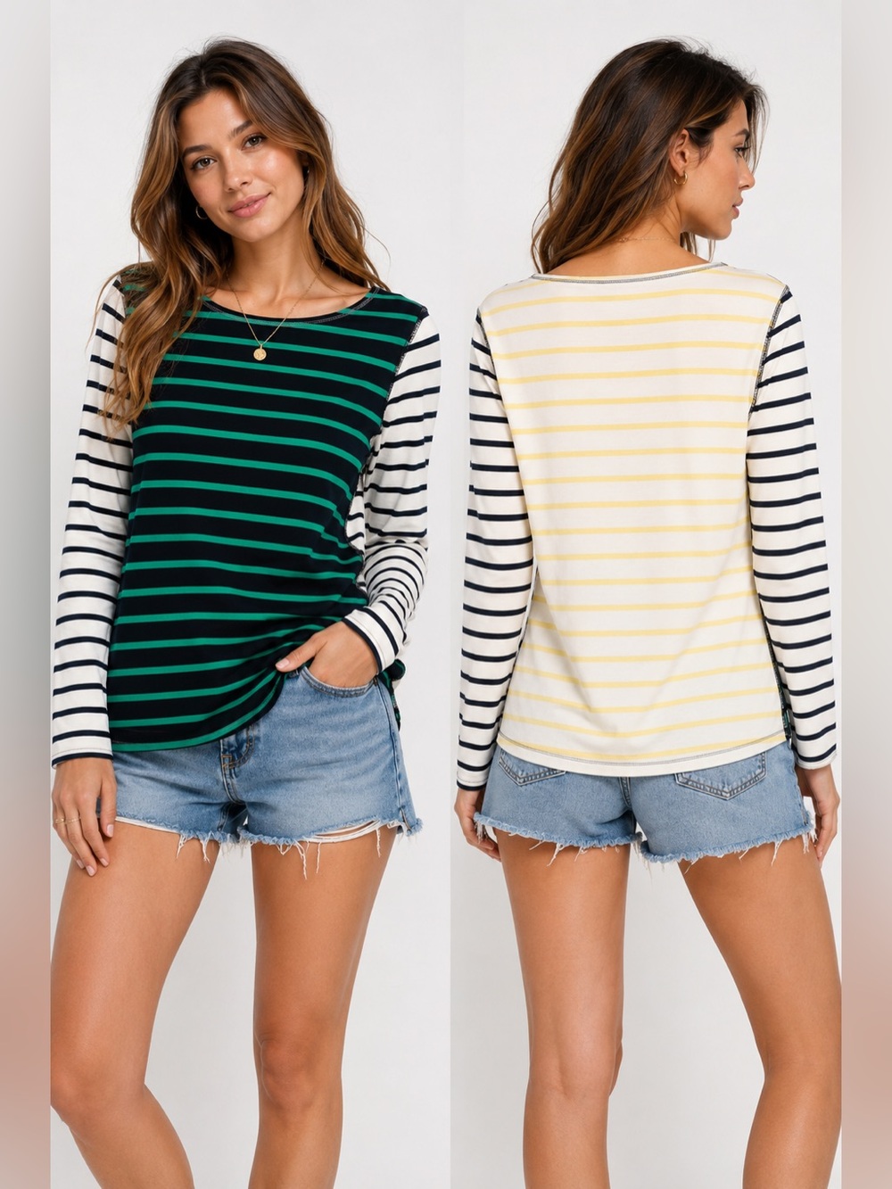 J. Crew Striped Long-Sleeve Crewneck‎ Striped Top - Green, Black & Yellow Small